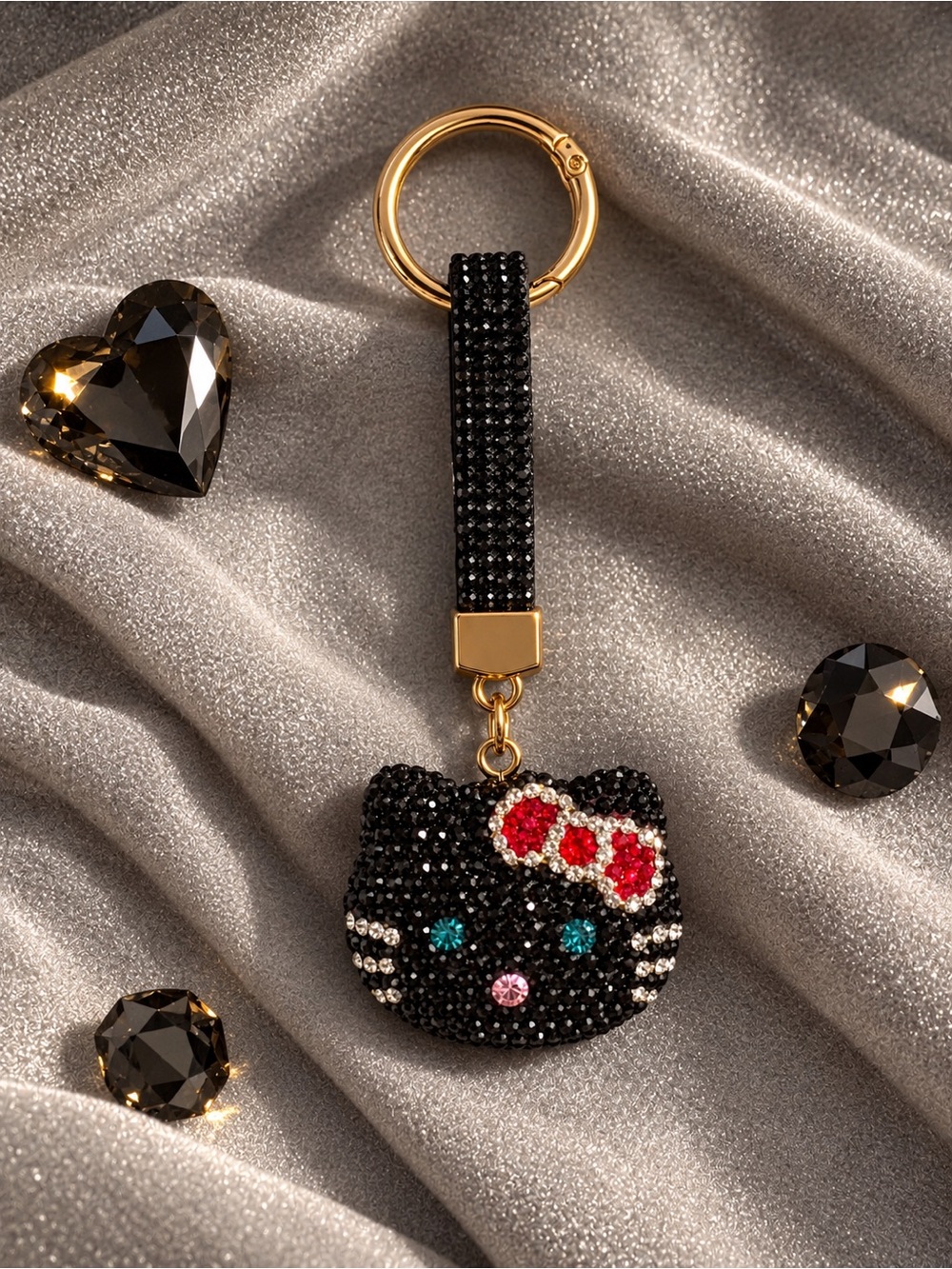 Rhinestone Kawaii Kitty Face with Red Bow Bag Charm Keychain